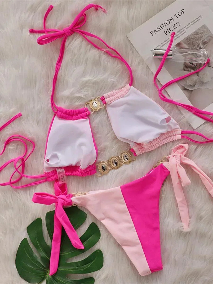2025 Splicing Halter Diamond Bikini Women Swimsuit Female Swimwear Two Pieces Bikini Set Hollow Out Bathing Suit Swim Beach Wear