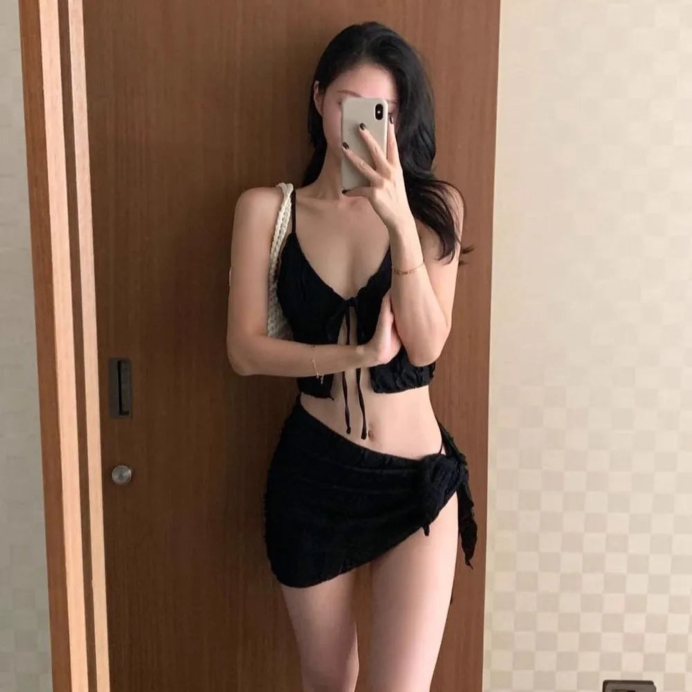 Thailand 2025 New Swimsuit Women's Solid Color Straps High-end Bikini 3-piece Set Beautiful White Swimsuit Women Bikini Set