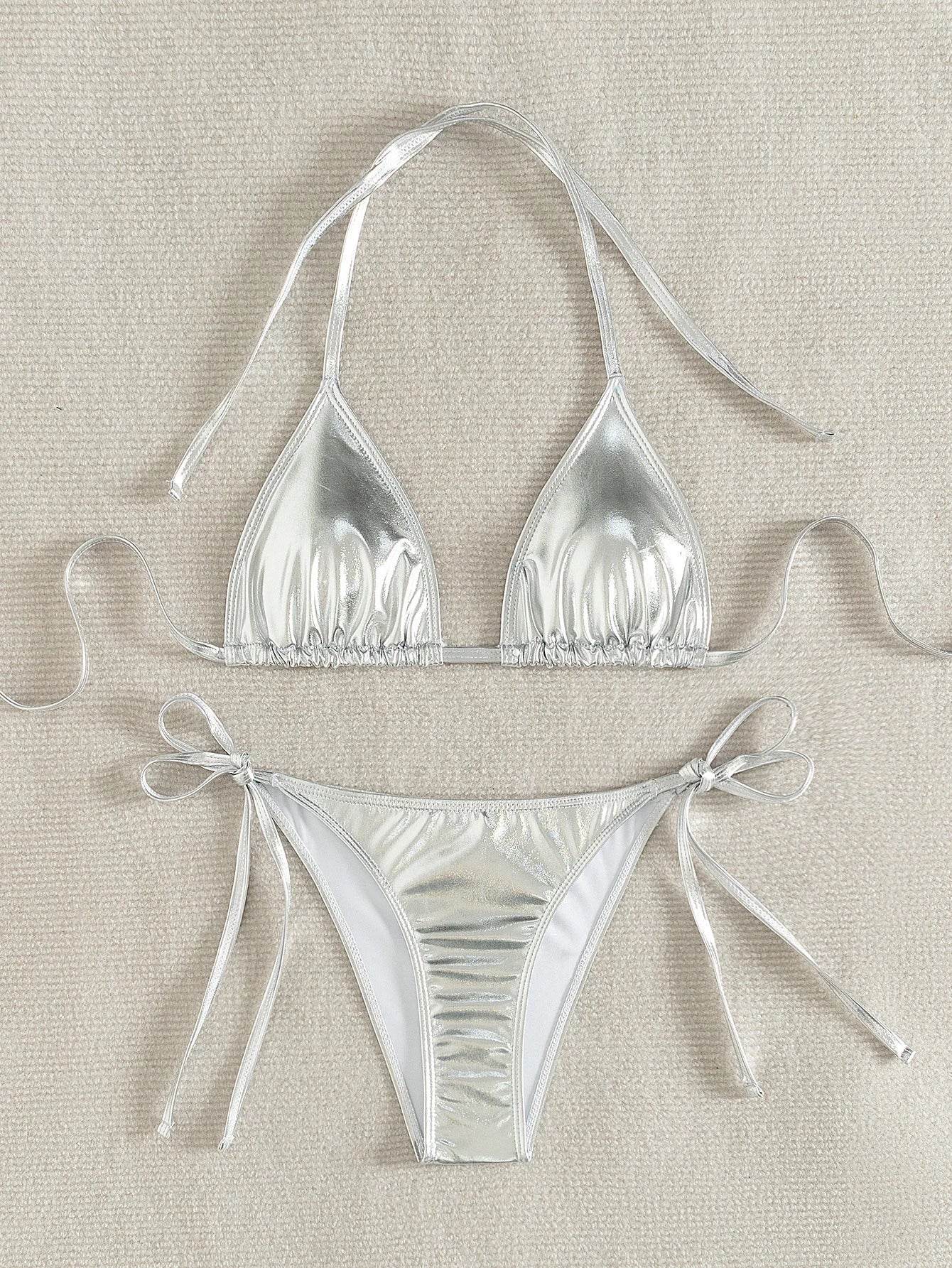 Sexy Triangle Push Up Bikini Metallic Brazilian Swimwear Women Golden Silver Side String Bikini Bathing Suit Beach Wear Biquini