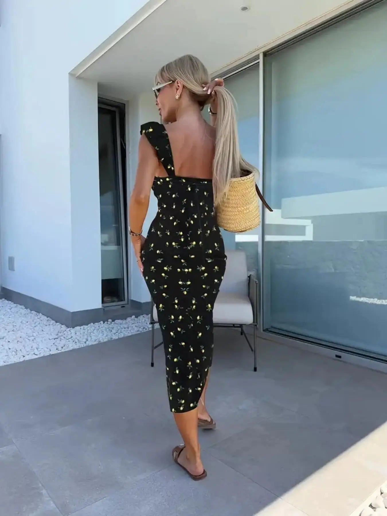 New European and American summer elegant design printed suspender slit midi-length ladies dress
