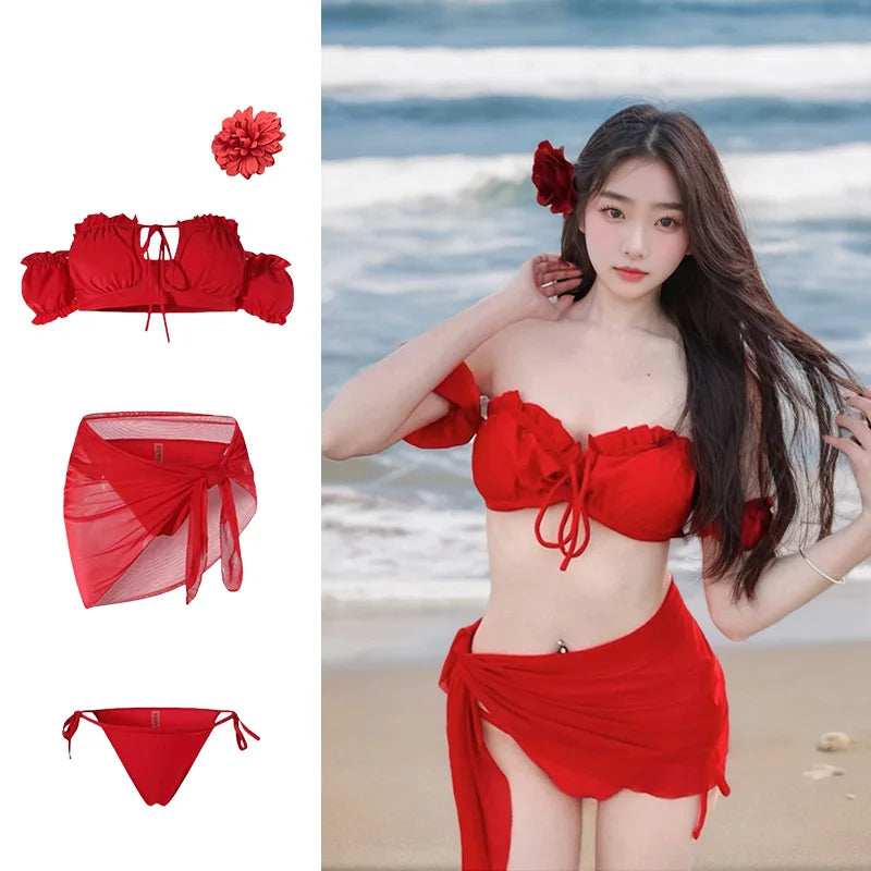 Sexy Retro Red Bikini Women's Two-Piece Swimsuit Pure Desire Swimwear 2025 New Sle Trendy e Design with Steel Support