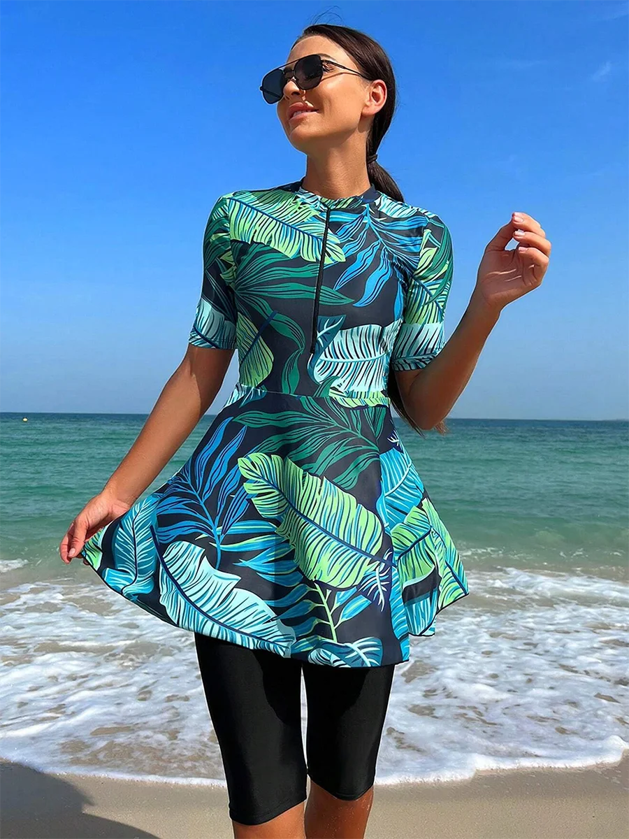 3PCS/Set Burkini Women Swimwear High Waist Curvy Dress Swimsuit Lady Summer Beach Bathing Suit,Quick Drying, UPF50+