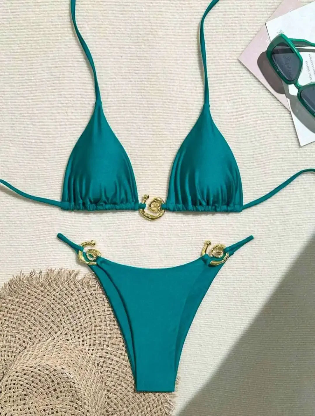 Metal Micro Bikini Swimwear Women Sexy Lace Up Triangle Halter High Cut Thong Bikini Set 2025 New Beach Bathing Suit 2 Piece Set