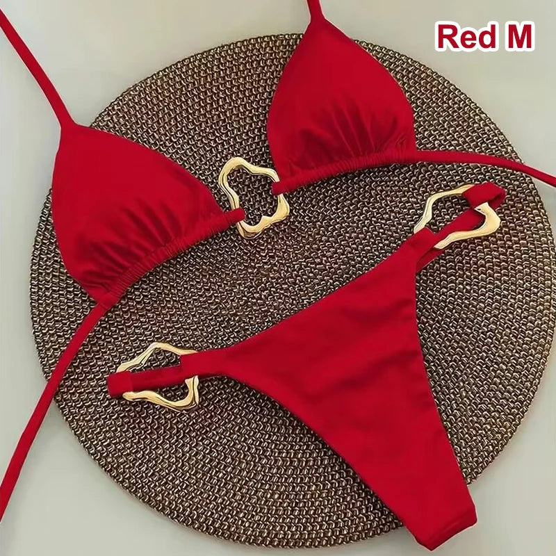 Sexy Solid Color Halter String Triangle Two Piece Bikini Trendy Metal Buckle Swimsuit For Women Summer Beach Lace-up Swimsuit