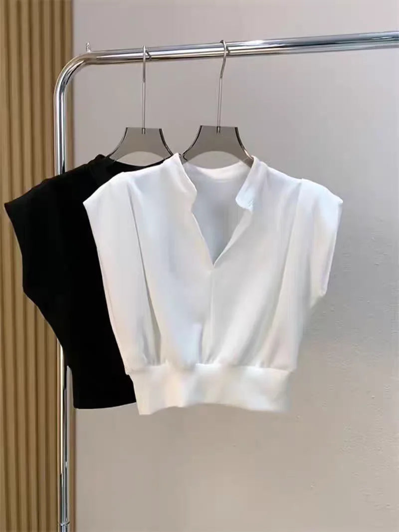Camisas De Mujer Women Blouses V-neck Sleeveless Shirts Temperament Solid Color Crop Tops Summer Vintage All Match Blouse