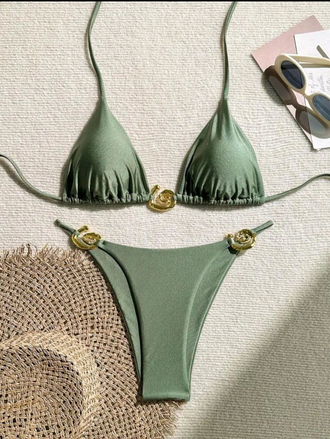 Metal Micro Bikini Swimwear Women Sexy Lace Up Triangle Halter High Cut Thong Bikini Set 2025 New Beach Bathing Suit 2 Piece Set
