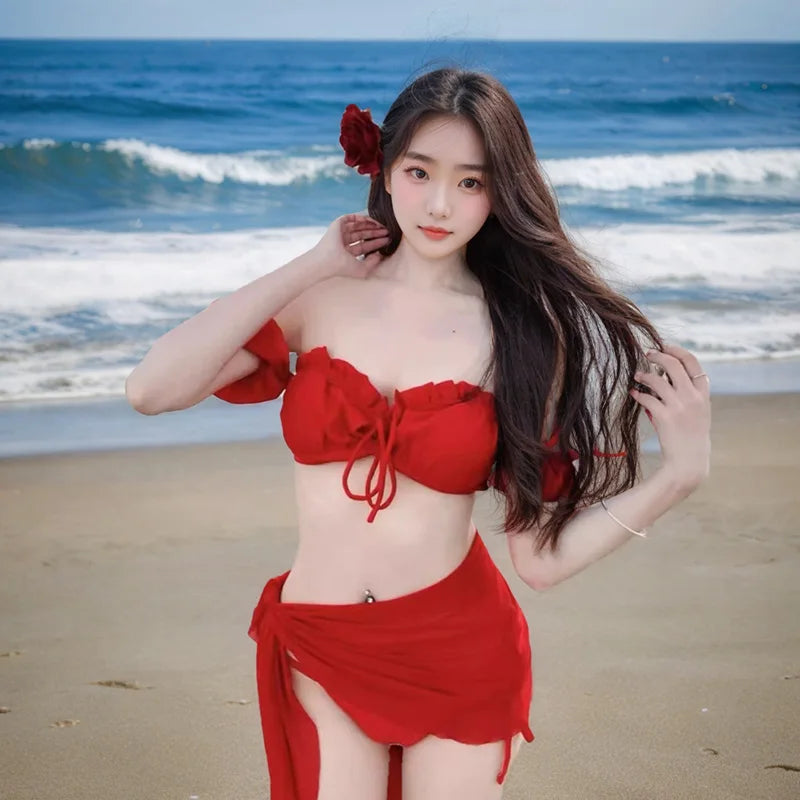 Sexy Retro Red Bikini Women's Two-Piece Swimsuit Pure Desire Swimwear 2025 New Sle Trendy e Design with Steel Support