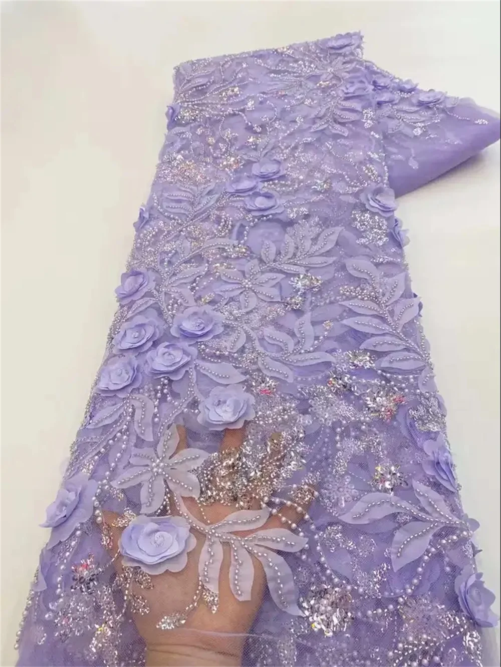 French African 3D Lace Fabric 2025 With Beaded High Quality Embroidery For Women Wedding Dress Nigerian Lace Mesh Fabric 5 Yards