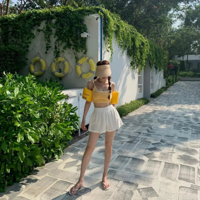 New Korean Sle Tee Piece Bikini Swimsuit Candy Colored Striped Student Thermal Vaion Separate Swimwear for Women