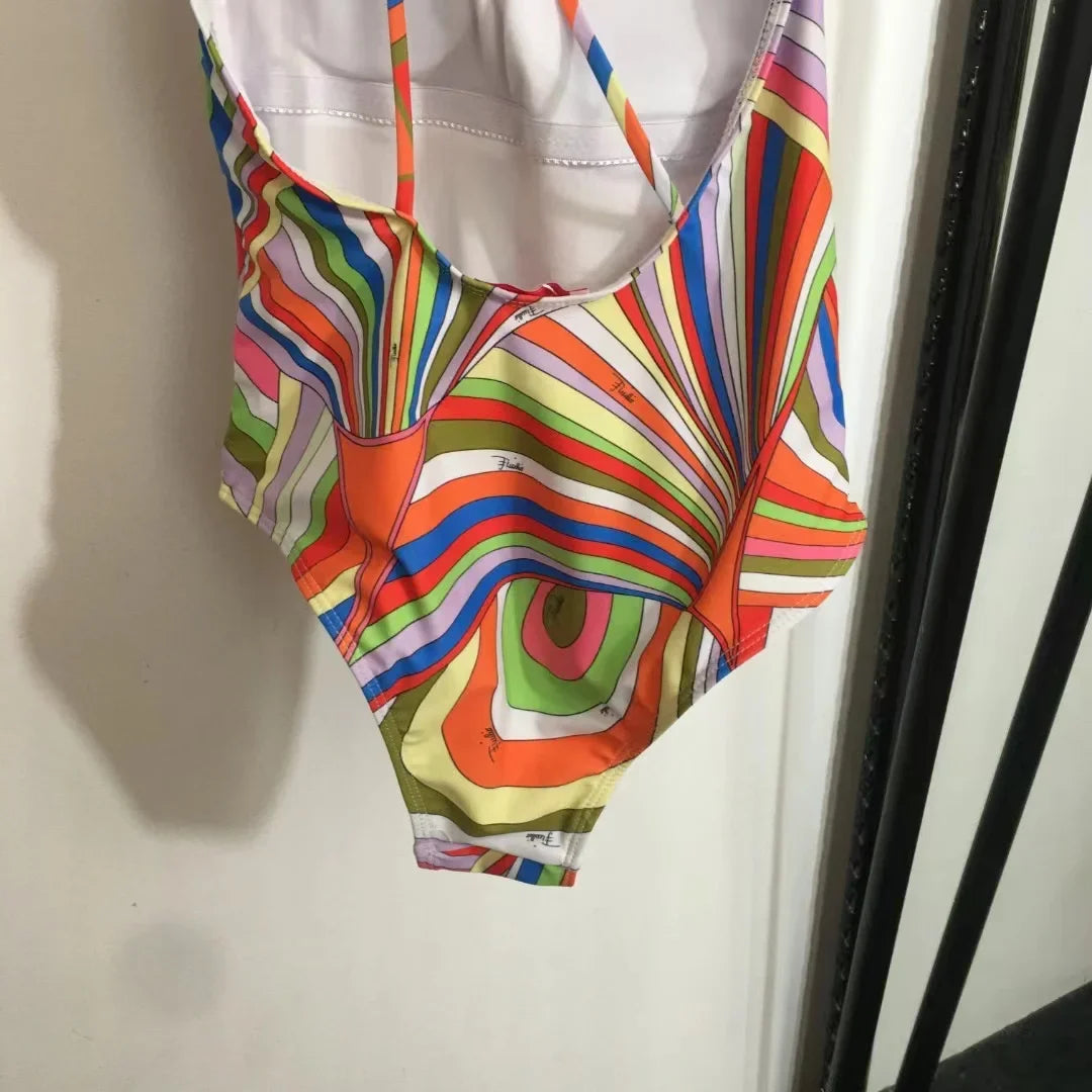 European Luxury Design Women's One-piece Swimsuits Striped Letter Print Swimwear Fashion Brand Women's Sexy Beach Bikini Sets