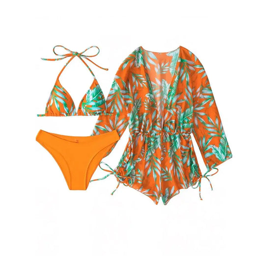 New 5 Colors Women Bikini 3 Piece Set Halter Top Mid Waisted Bottom + Long Sleeved Drawstring Cover Up 2025 Sexy Slim Beachwear