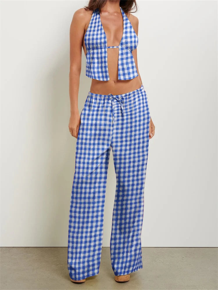CHRONSTYLE Women Summer Pants Outfits Striped/Solid Halter Tie-Up Backless Tank Tops Wide-Leg Pants 2 Pieces Set Streetwear 2024