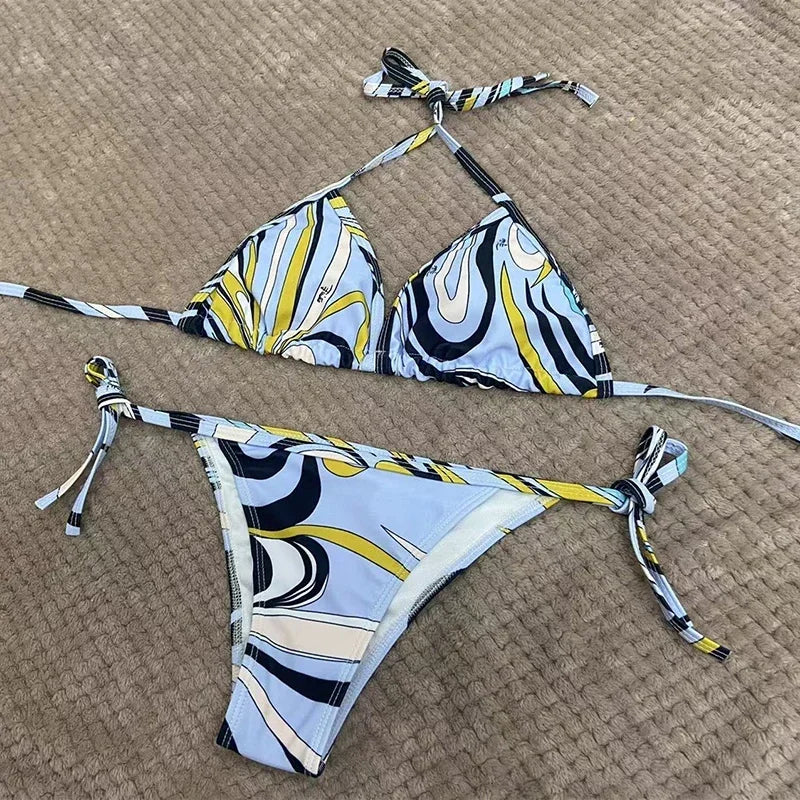 European Luxury Design Women's One-piece Swimsuits Striped Letter Print Swimwear Fashion Brand Women's Sexy Beach Bikini Sets