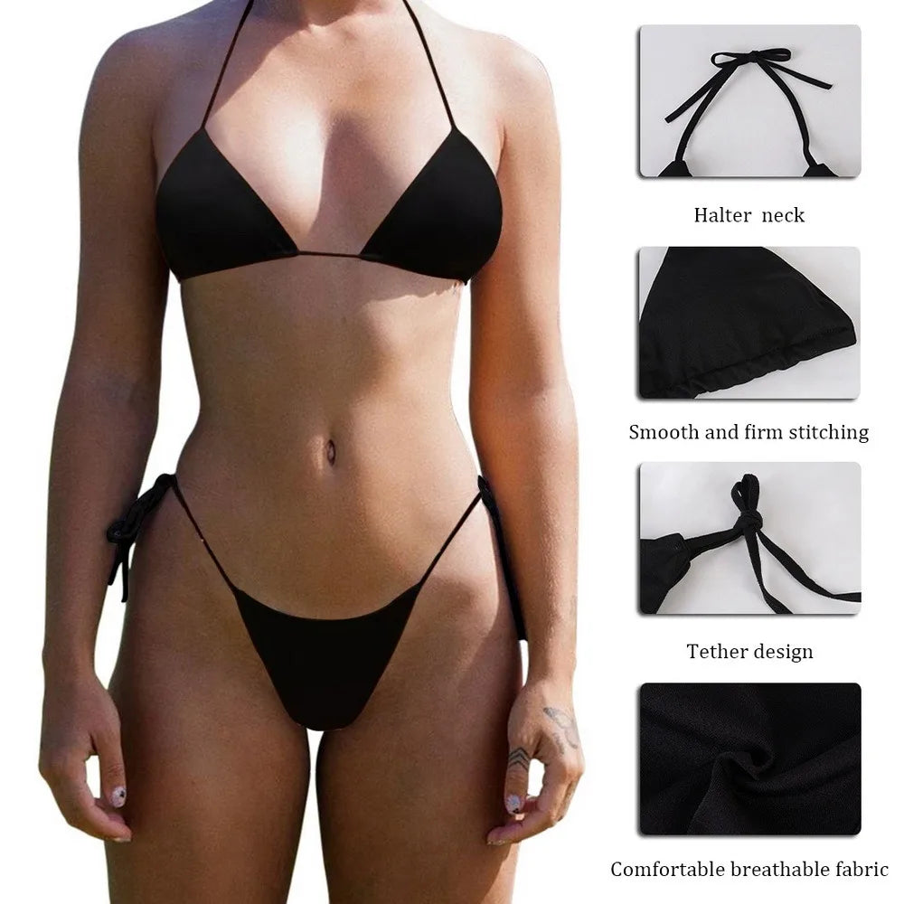 Beach Style Swimsuit for Women Sexy Halter Swimwear Solid Thong Female Bikini Set Bathing Suit Bikini Mujer Lingerie