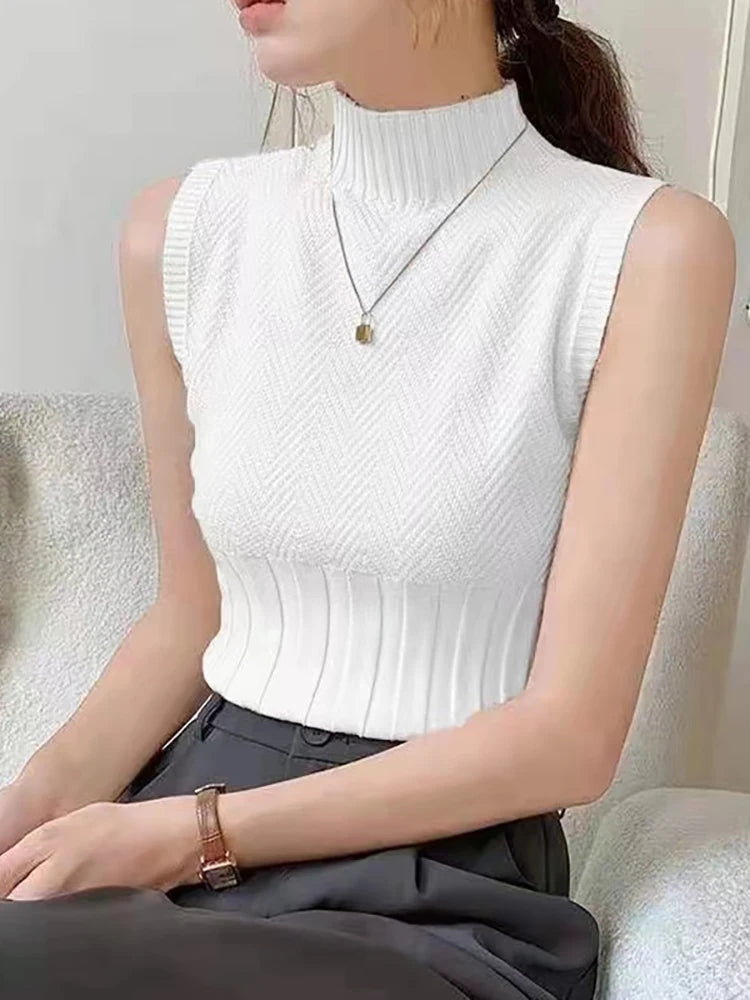 HELIAR Women Summer Casual Knitted Tank Tops Solid Sleeveless Half High Collar Slim Base Shirt Sexy Top Knitwear Y2k High Street