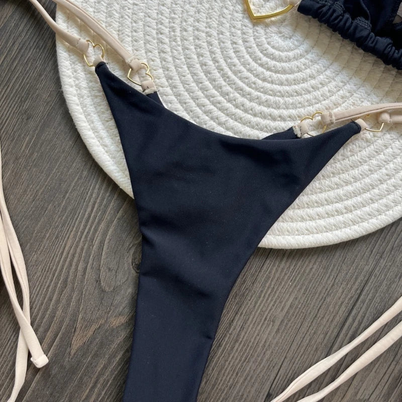 Solid Color White Bikini Women Suit Low Waist Lace-up Swimsuit Two-piece Set swimwear women bathing suit купальник