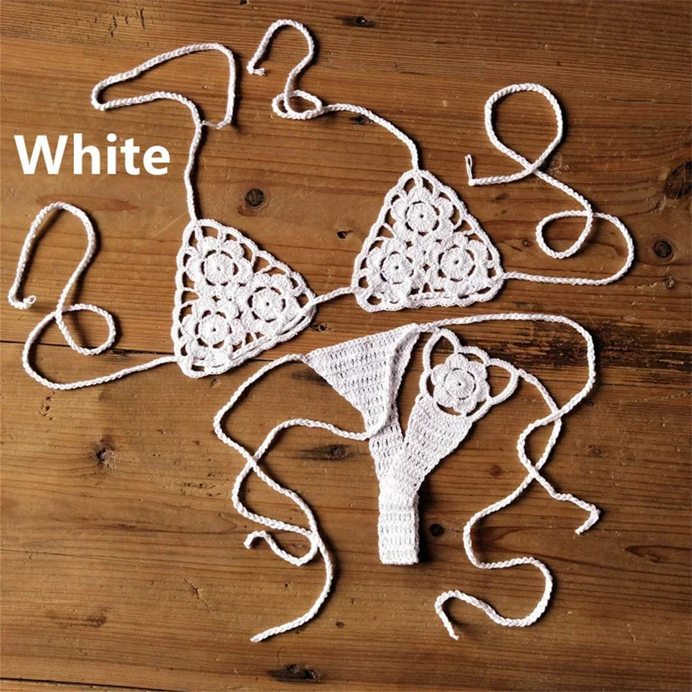 Crochet Bikini Set G-String Lace Up Thong Beach Swimwear Sexy Swimsuit Bra Set For Summer Swimming Party Holiday