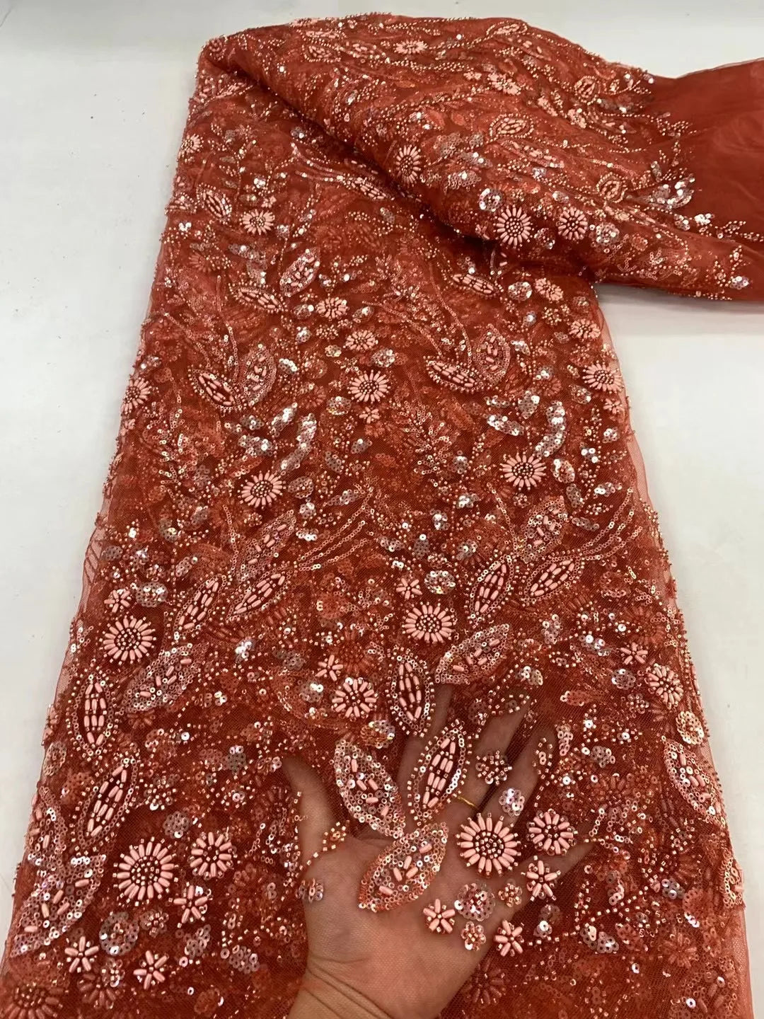 African Nigerian Tulle Lace Fabric with Sequins & Beaded Embroidery - LY4798, 5 Yards