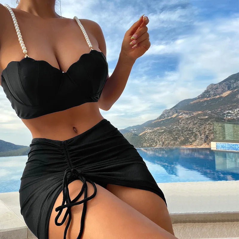 New Swimsuit Women Three Piece Set Solid Blue/Red/Orange/Black Summer Bikini European American Scallop 2024 Swimsuits Wholesale