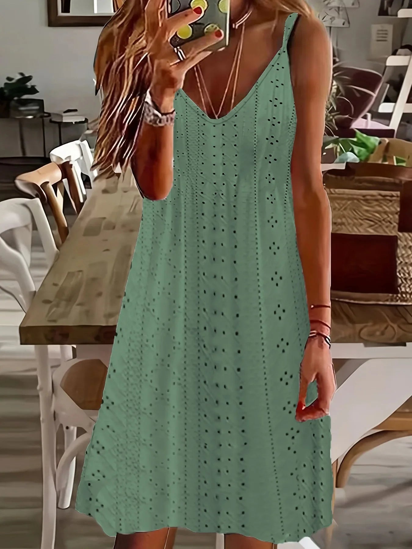Plus Size Europe and the United States  Women's Summer New Cutout Jacquard V-Neck Strap Solid Color Dress