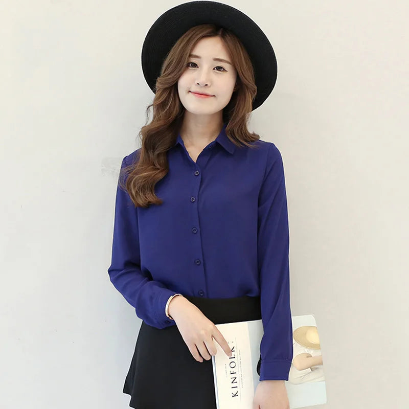 Simple Solid Colors Women Chiffon Shirts 2023 New Long Sleeve Ladies Casual Chiffon Blouse Tops Fashion Women Shirt Clothing