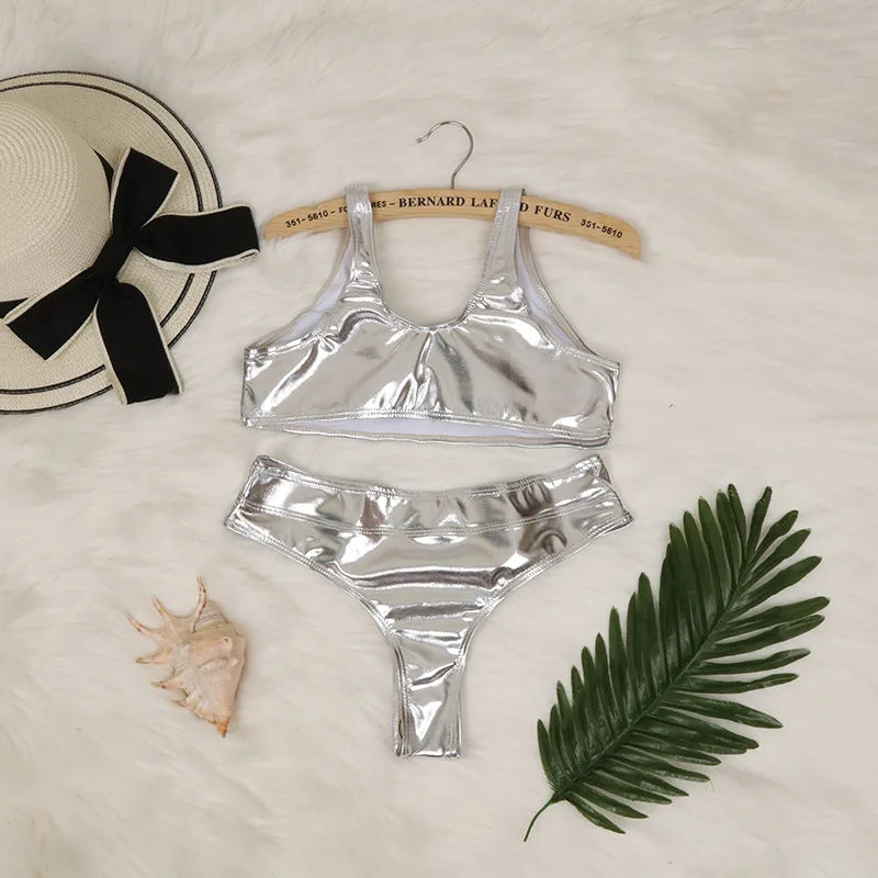 Sexy Triangle Push Up Bikini Metallic Brazilian Swimwear Women Golden Silver Side String Bikini Bathing Suit Beach Wear Biquini