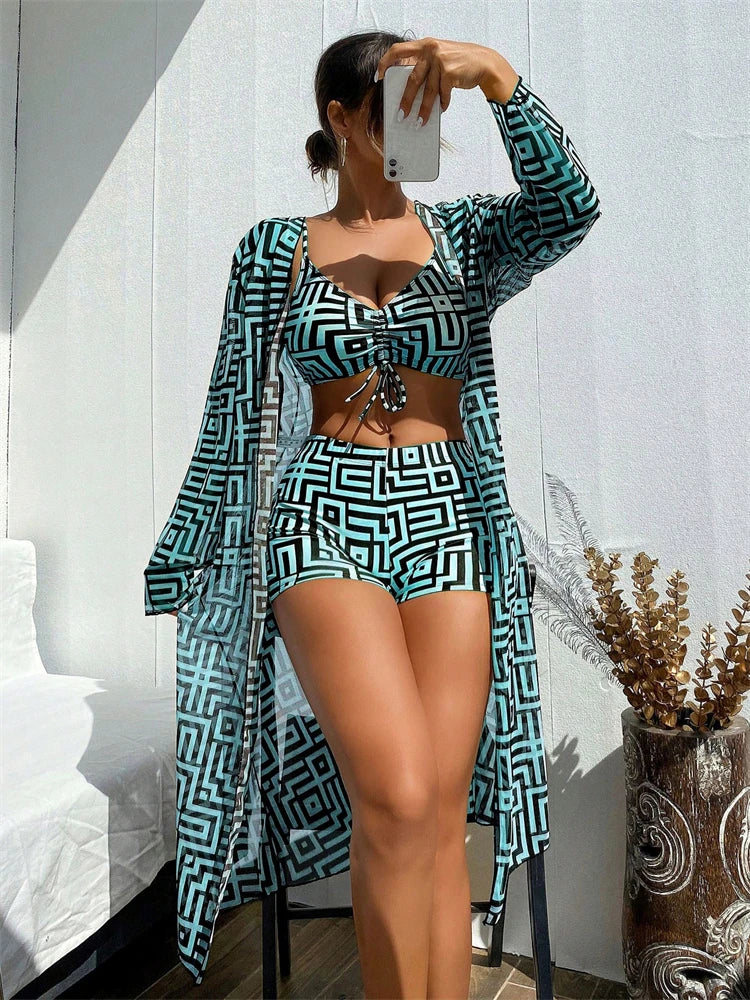 Bikini Women Swimsuit 2025 New Lattice Sling Bikinis Set Sexy Boxer Shorts Swimwear Summer Long Sleeve Beach Bathing Suit Female