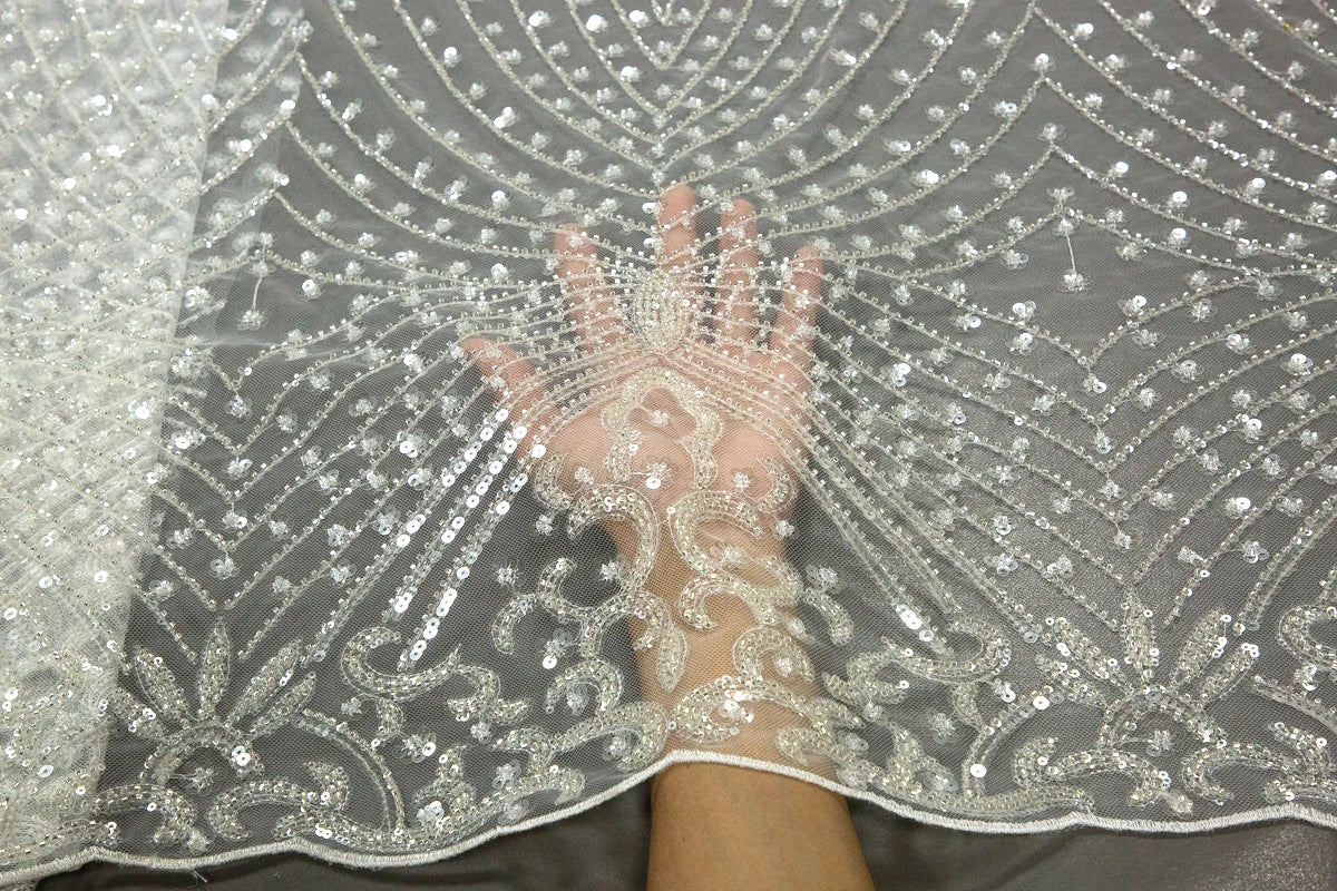 Latest African Sequined Lace Fabric 2025 - Beaded Mesh - French, 5 Yards