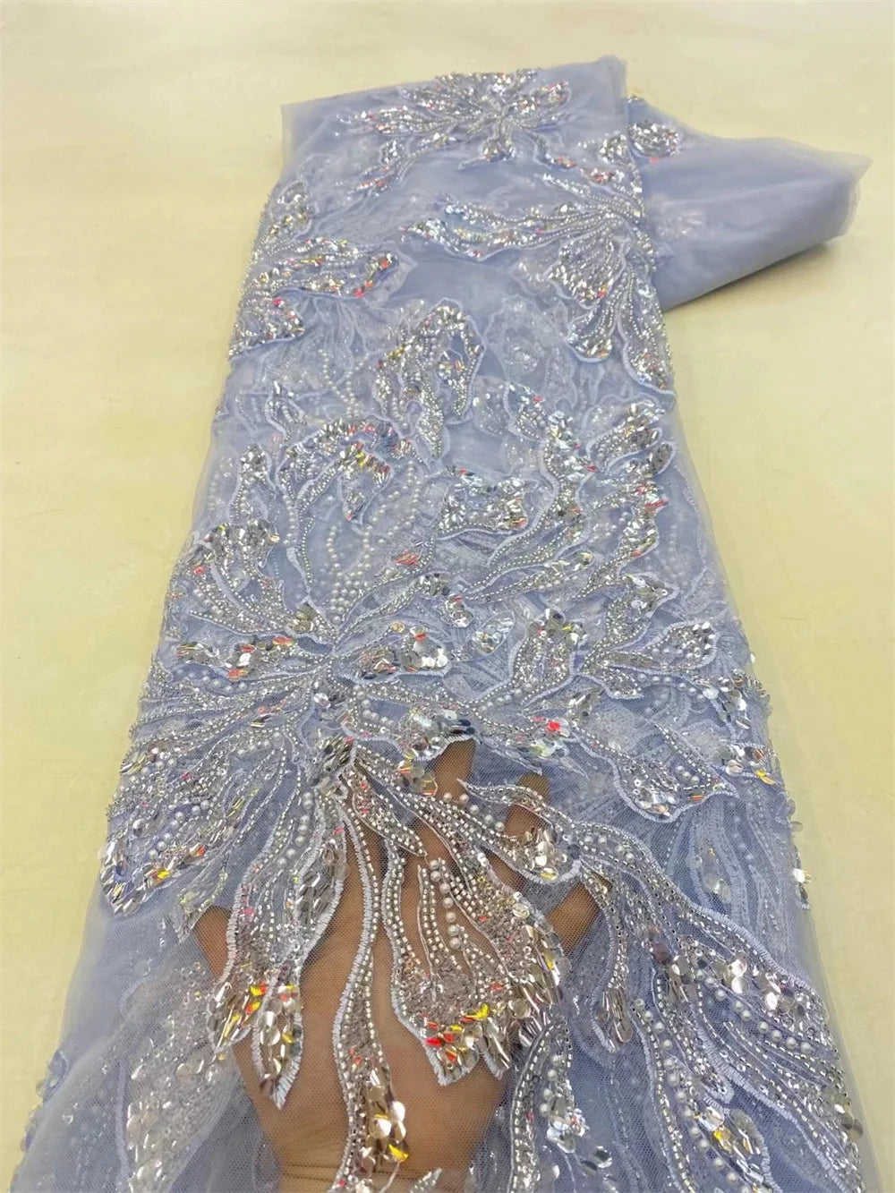 African Lace Fabric 2025 - Sequined Beaded Bridal Lace - No. 001, 5 Yards