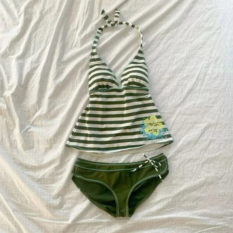 2 Piece Women's Summer Beach Bikini Set Sexy Slim Chic Floral Print Halter Neck Swimsuit Set 2000s Aesthetics Hottie Streetwear