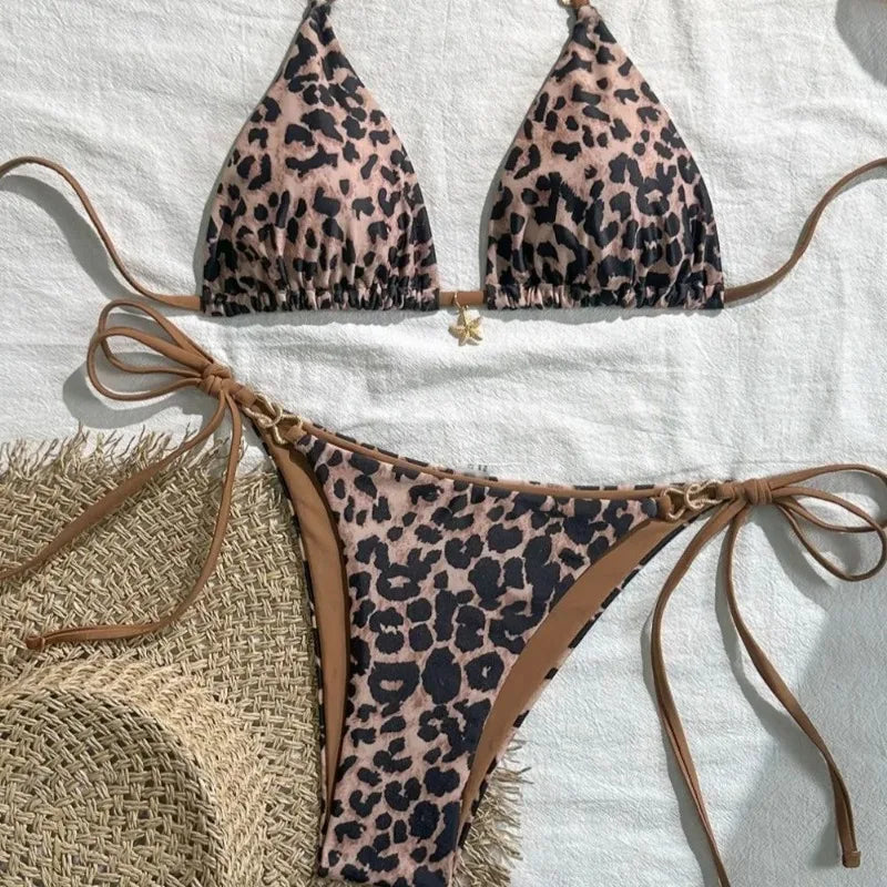 2025 New Arrival European and American Leopard Print Halter Bikini Set for Women, Sexy Swimsuit