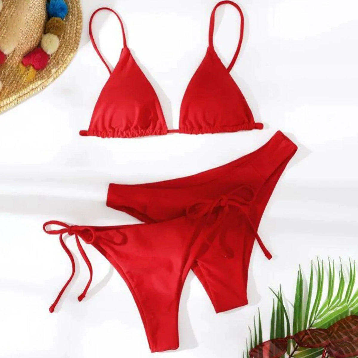 Women's Summer Fashion Sexy Basic Solid Color Backless Lace-up High Waist Adjust Buckle Sling Bikini Three-pieces Swimsuit