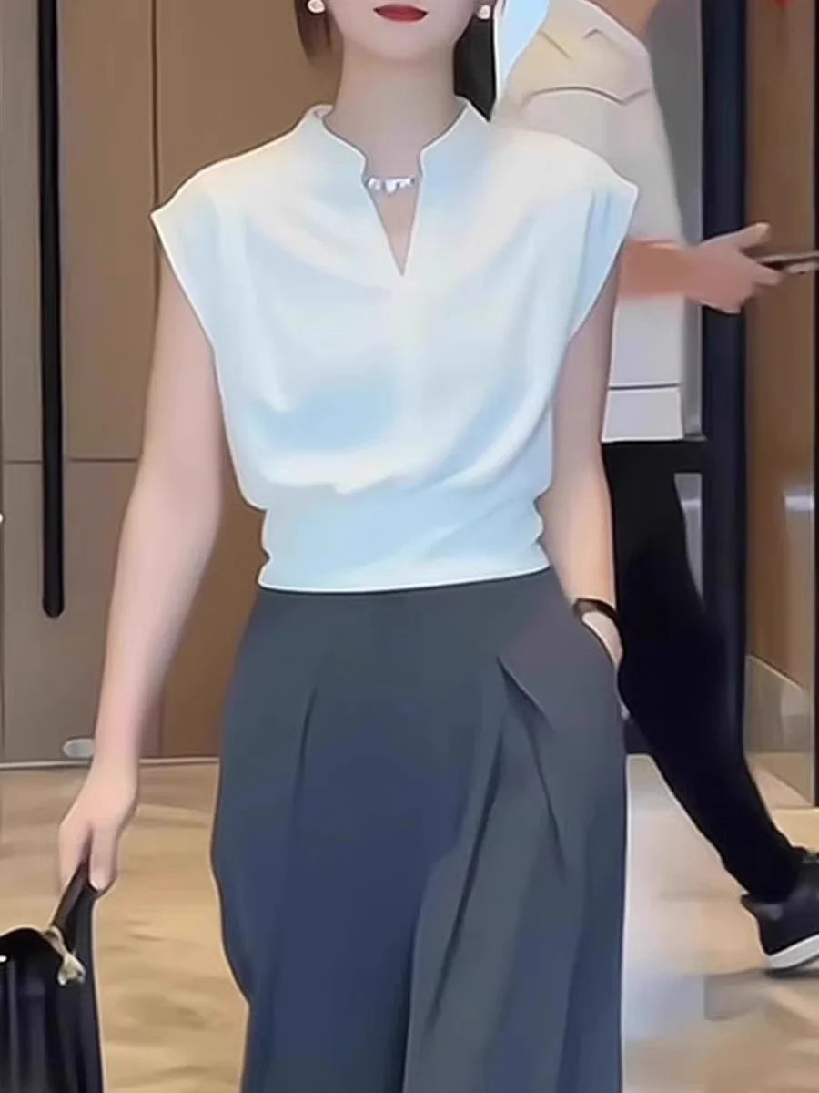 Camisas De Mujer Women Blouses V-neck Sleeveless Shirts Temperament Solid Color Crop Tops Summer Vintage All Match Blouse