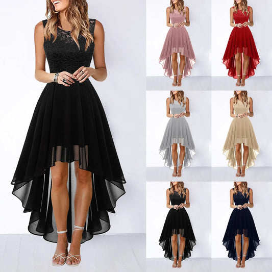 Spring Summer 2025 Hollow out Waist Cinched Lace Evening Dress Midi Skirt Sleeveless round Neck Polyester Fabric Empire Waist