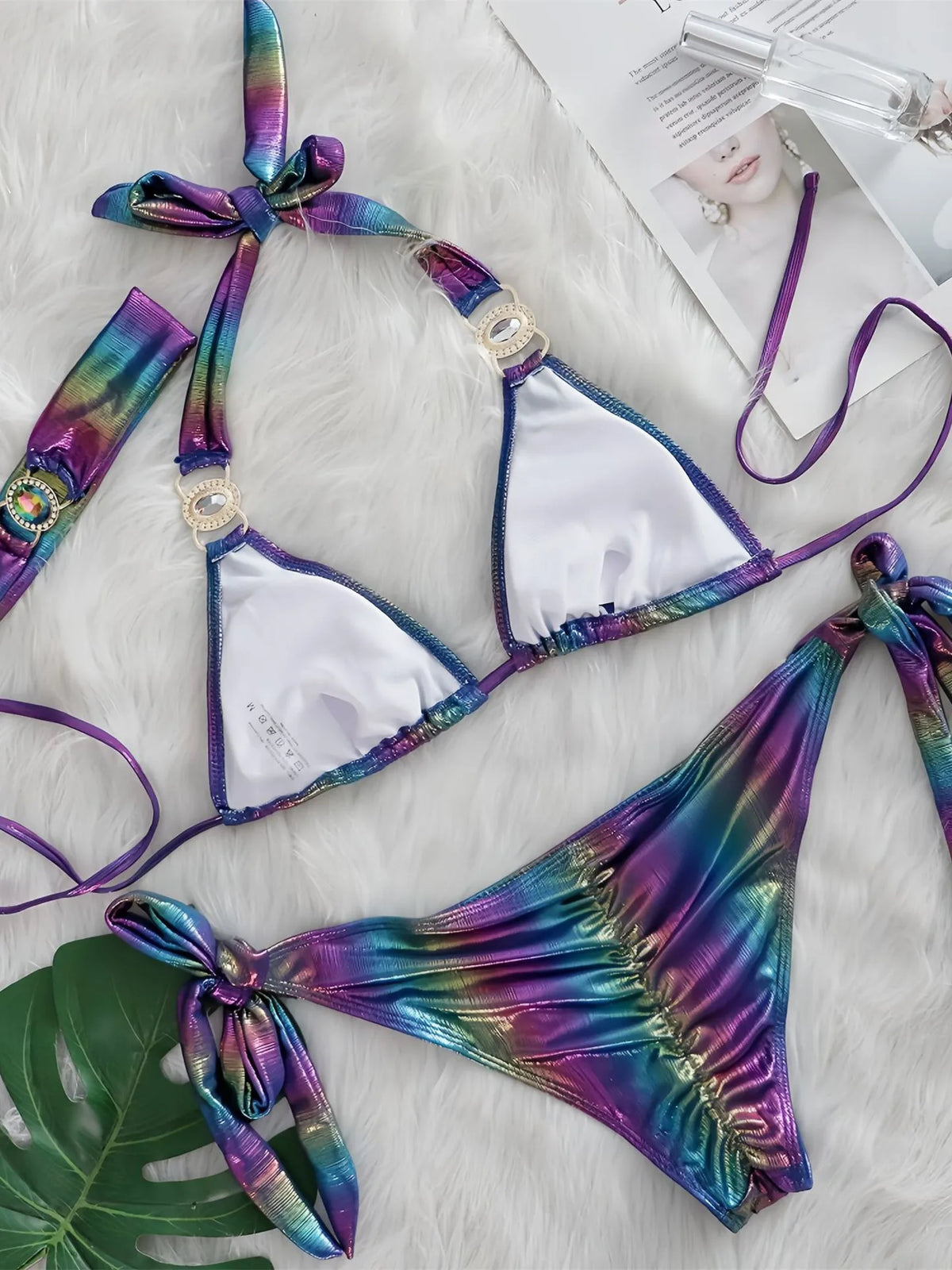Sexy Pink Gradient Bikini Set 2025 Women Luxury Rhinestone Push Up Band 3 Piece Swimsuit Bathing Suit Diamond Thong Swimwear