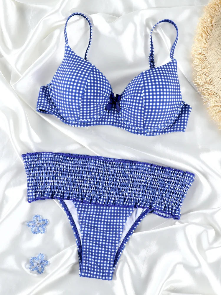 Bowknot Ruffle Bikinis Thongs Plaid Women's Swimsuit 2025 Red Lattice Swimwear Bathing Suits Biquini Summer Beachwear Swimsuit
