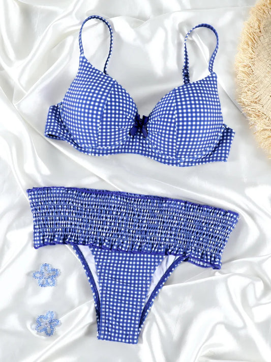 Bowknot Ruffle Bikinis Thongs Plaid Women's Swimsuit 2025 Red Lattice Swimwear Bathing Suits Biquini Summer Beachwear Swimsuit