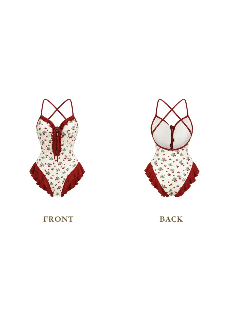 2024 New Bikini Swimsuit Girl's Beach Vaion Stberry Print One-Piece Cover-Up Swimming Suit Casual Women's Swimwear