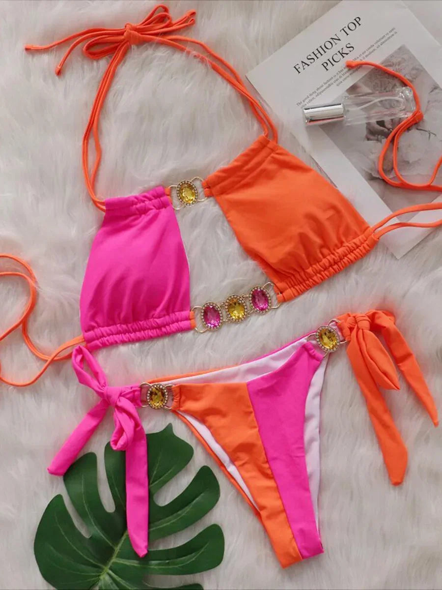 2025 Splicing Halter Diamond Bikini Women Swimsuit Female Swimwear Two Pieces Bikini Set Hollow Out Bathing Suit Swim Beach Wear