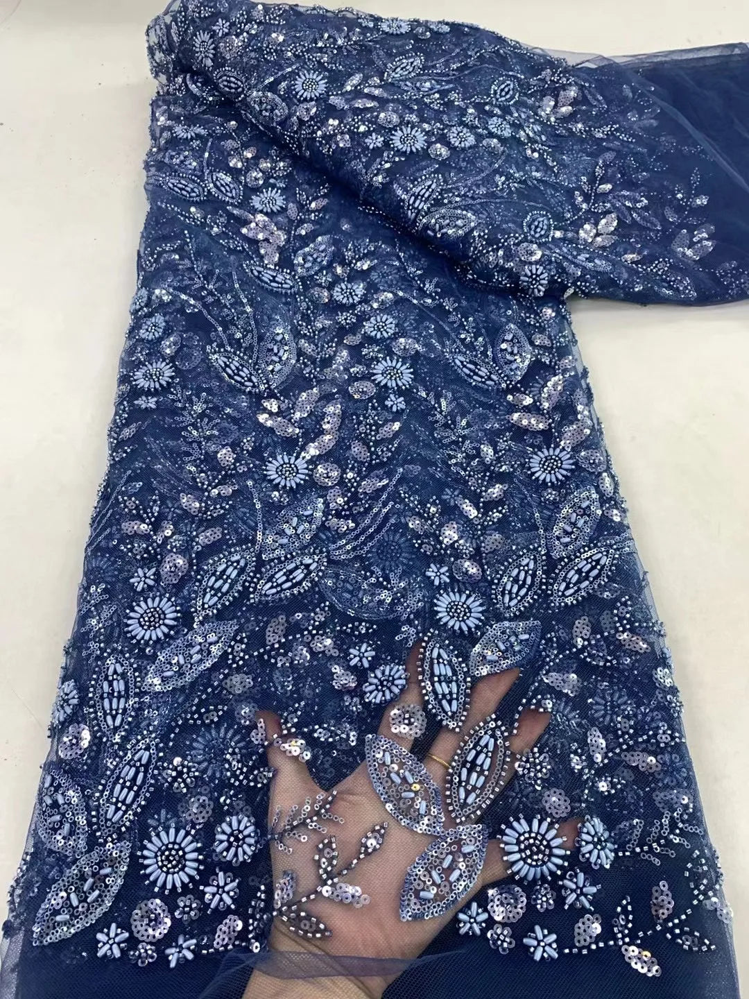 African Nigerian Tulle Lace Fabric with Sequins & Beaded Embroidery - LY4798, 5 Yards
