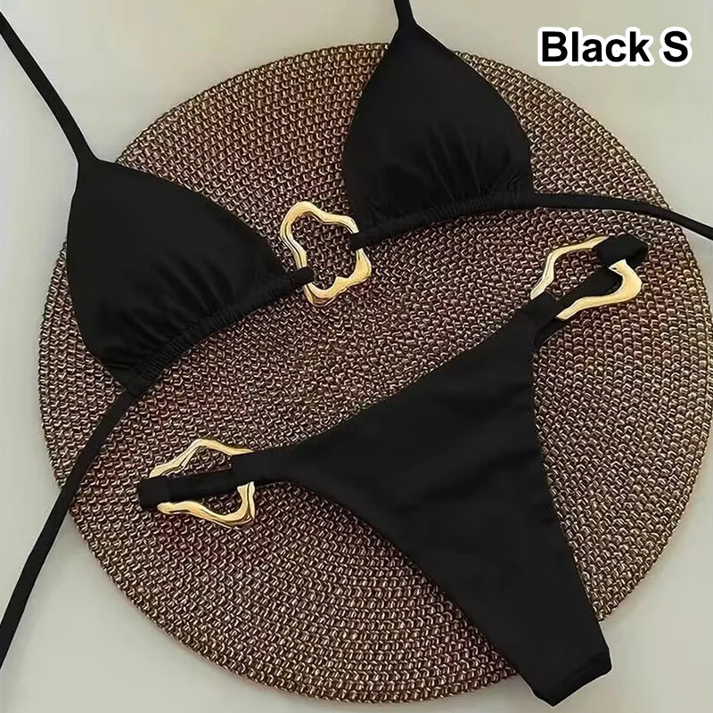 Sexy Solid Color Halter String Triangle Two Piece Bikini Trendy Metal Buckle Swimsuit For Women Summer Beach Lace-up Swimsuit