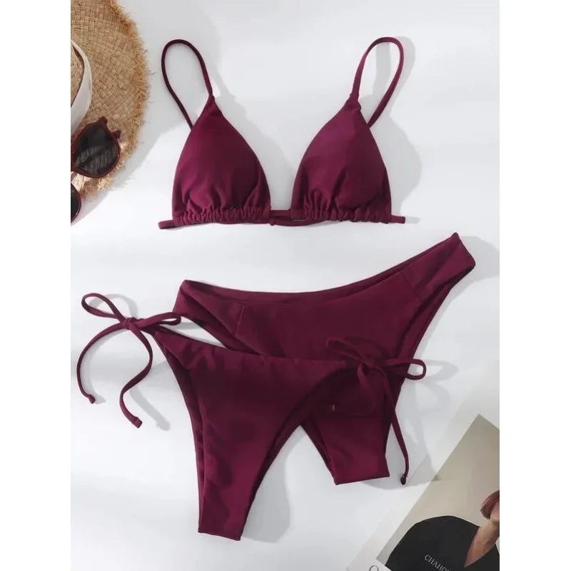 OIINAA Swimwear Women Sexy Solid Swimsuit Drawstring Bow Tie Bikini Set Three-pieces Beachwear Summer Thong Bather Bathing Suit