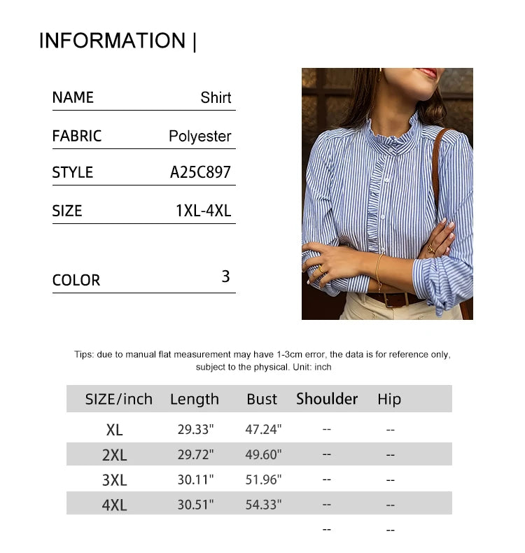 Plus Size Women's New Women's Blue Striped Shirt Basic Comfortable Versatile Temperament Long Sleeve Shirt