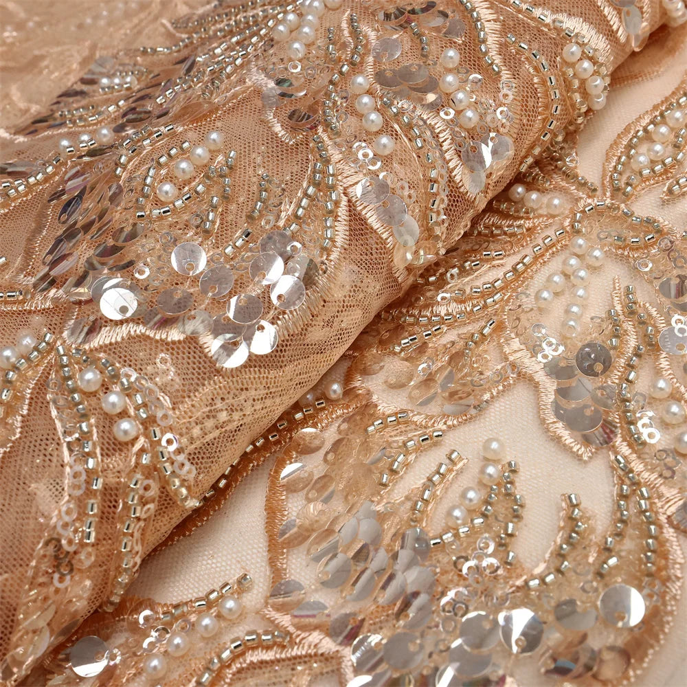 African Lace Fabric 2025 - Sequined Beaded Bridal Lace - No. 001, 5 Yards