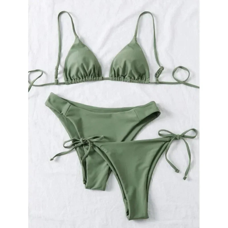 OIINAA Swimwear Women Sexy Solid Swimsuit Drawstring Bow Tie Bikini Set Three-pieces Beachwear Summer Thong Bather Bathing Suit
