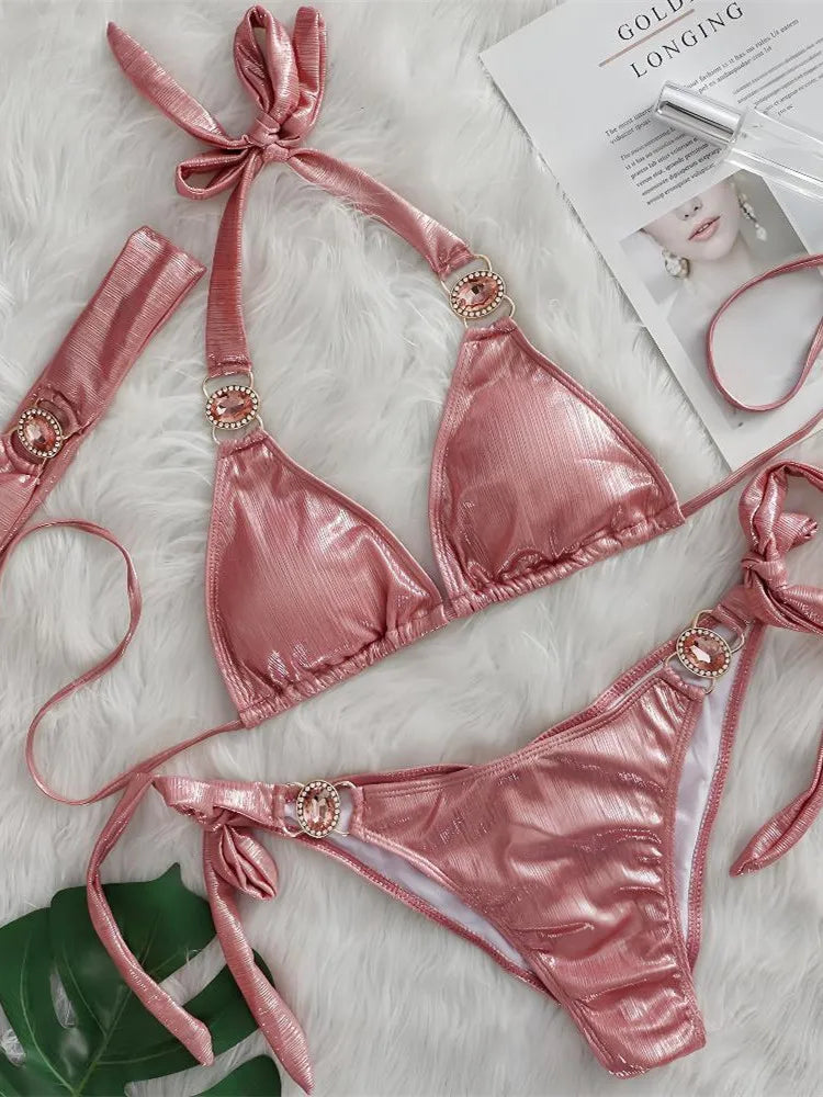 Sexy Pink Gradient Bikini Set Women Luxury Rhinestone Push Up Band 3 Piece Swimsuit Bathing Suit Diamond Thong Swimwear