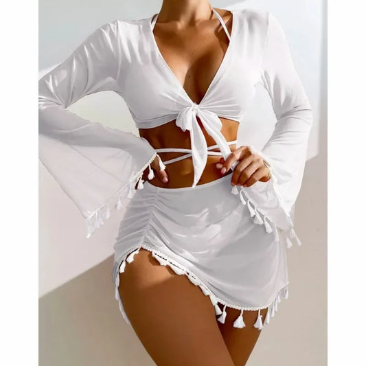 Swimming Suit Women Beach Wear Solid Beach Suit Tassel Cover Up Mesh Short Skirt Bikini Cute Swimming Pool Outfit Spring Summer