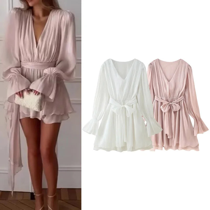 All Seasons Solid Color V-Neck Flared Long-sleeved Dress Women Bow Sashes A-line Midi Dress Female Casual Elegant Wear 2025 new