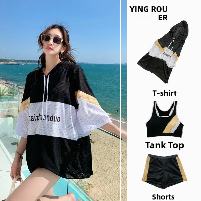Conservative Student Swimwear ular Korean Sle Women's Tee-piece Set Long Sve Spor Separate Bikini Suit