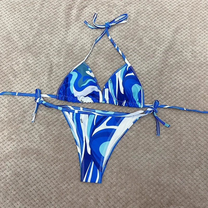 European Luxury Design Women's One-piece Swimsuits Striped Letter Print Swimwear Fashion Brand Women's Sexy Beach Bikini Sets